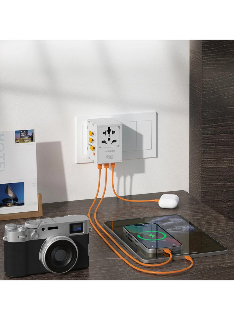 porodo GaN 5-Port Travel Block Universal Charger 2500W/ 4 USB-C/ 1 USB-A / UK/EU/US & AU Plugs / Built-in Safeguards/ 150+ Countries / Dual Fuse / PD 65W / Compact and Travel Friendly Wall Charger - White  - Image 2
