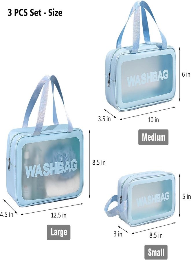 NOBLEUX 3 Pcs Transparent Travel Wash Bag Set for Toiletries, Makeup & Skincare | Waterproof PVC & PU Leather Organizer | Portable Cosmetic Storage Pouch with Handle for Women & Men (Blue) - Image 2