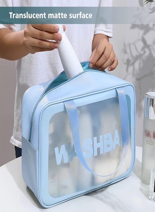 NOBLEUX 3 Pcs Transparent Travel Wash Bag Set for Toiletries, Makeup & Skincare | Waterproof PVC & PU Leather Organizer | Portable Cosmetic Storage Pouch with Handle for Women & Men (Blue) - Image 5