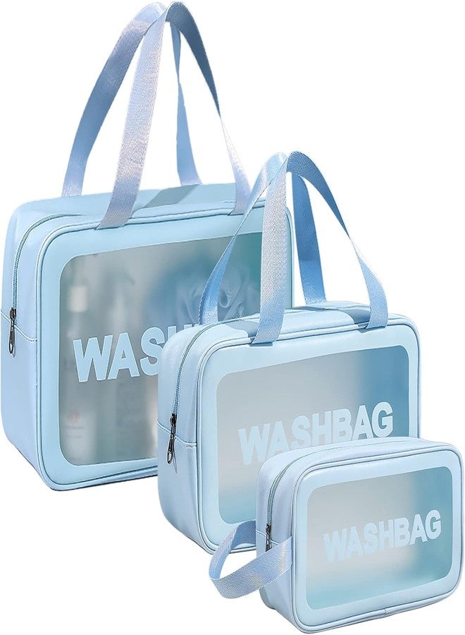 NOBLEUX 3 Pcs Transparent Travel Wash Bag Set for Toiletries, Makeup & Skincare | Waterproof PVC & PU Leather Organizer | Portable Cosmetic Storage Pouch with Handle for Women & Men (Blue) - Image 1