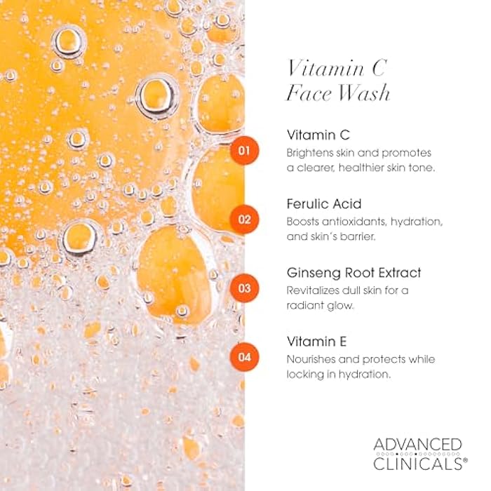 Advanced Clinicals Gentle Vitamin C Face Wash For Women & Men | Citrus Scented Gel Facial Cleanser Soap | Aloe Vera + Ferulic Acid Hydrating Foaming Wash For Cleansing Dirt & Oil, Large 11.75 Fl Oz - Image 3