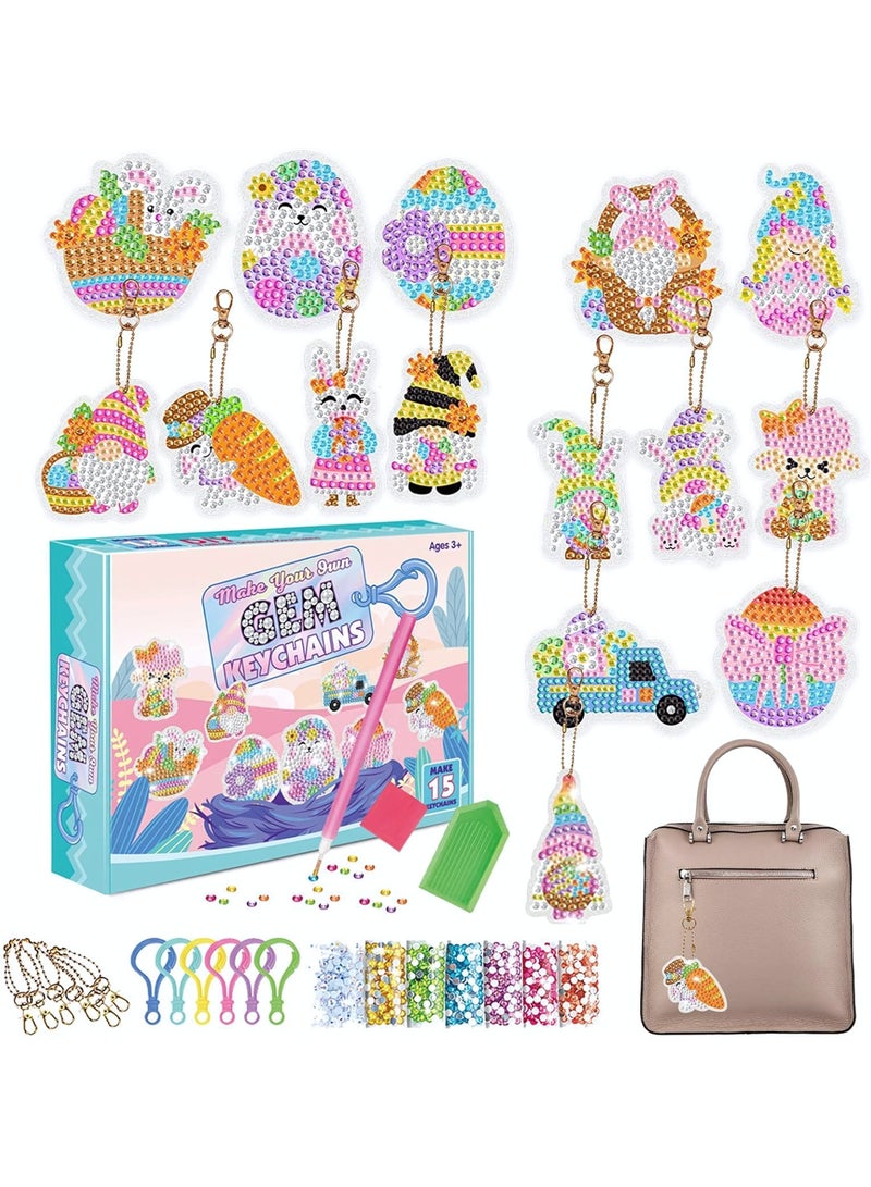 Diamond Craft Kits with Keychains for Kids, 15-Piece DIY Diamond Art Keychains Ornaments Kits, Diamond Dot Gem Art Kits, Gem Arts Crafts Kits for Kids Ages 3+ and Adults - Image 1