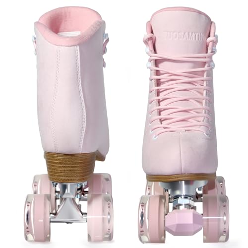 TUOSAMTIN Roller Skates for Women or Men with Height Adjustable Rubber Stoppers Retro Suede Quad Roller Skates for Outdoor and Indoor (Pink, 6) - Image 5