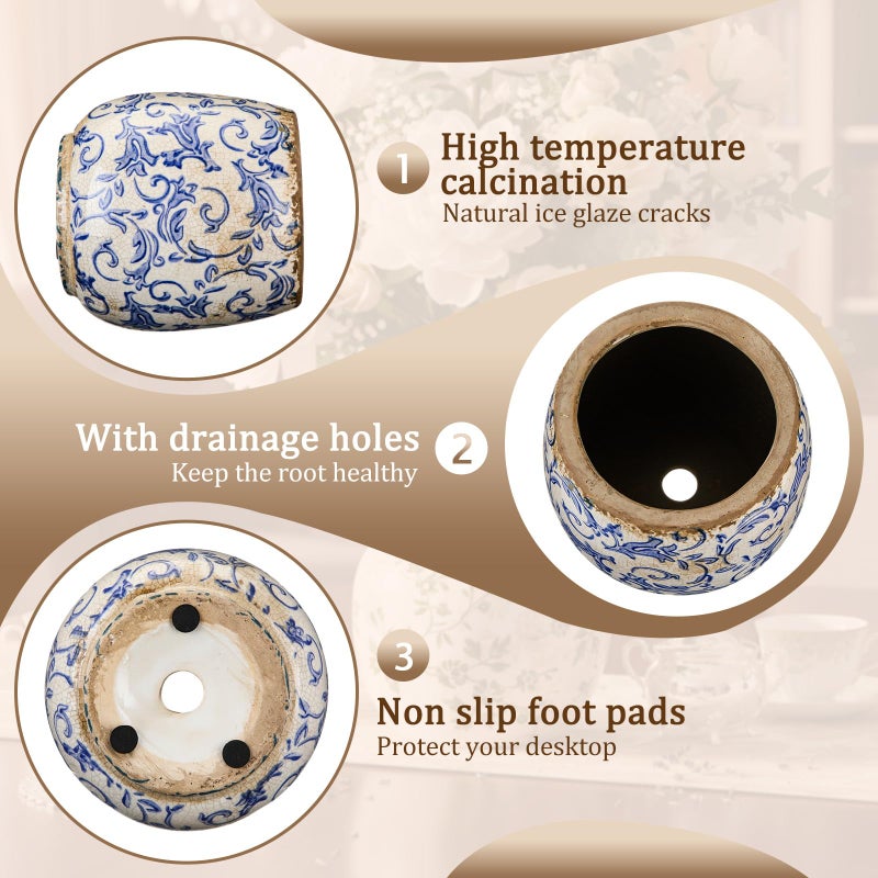 SiliFine Vintage Ceramic Flower Pot with Ice Crackle Rustic Planter with Drainage Holes for Indoor and Outdoor Decor Home Living Room Garden Decor Gardening Gift(Vintage Style) - Image 4