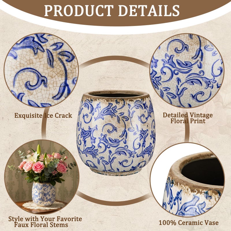 SiliFine Vintage Ceramic Flower Pot with Ice Crackle Rustic Planter with Drainage Holes for Indoor and Outdoor Decor Home Living Room Garden Decor Gardening Gift(Vintage Style) - Image 5