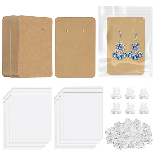 Keadic 300Pcs Kraft Earring Display Holder Cards Set with 100 Earring Backs and 200 Self- Sealing Bags, Earring Packaging Supplies Kit for Hanging Ear Studs and Dangle Earrings (3.5” x 2.3”) - Image 1