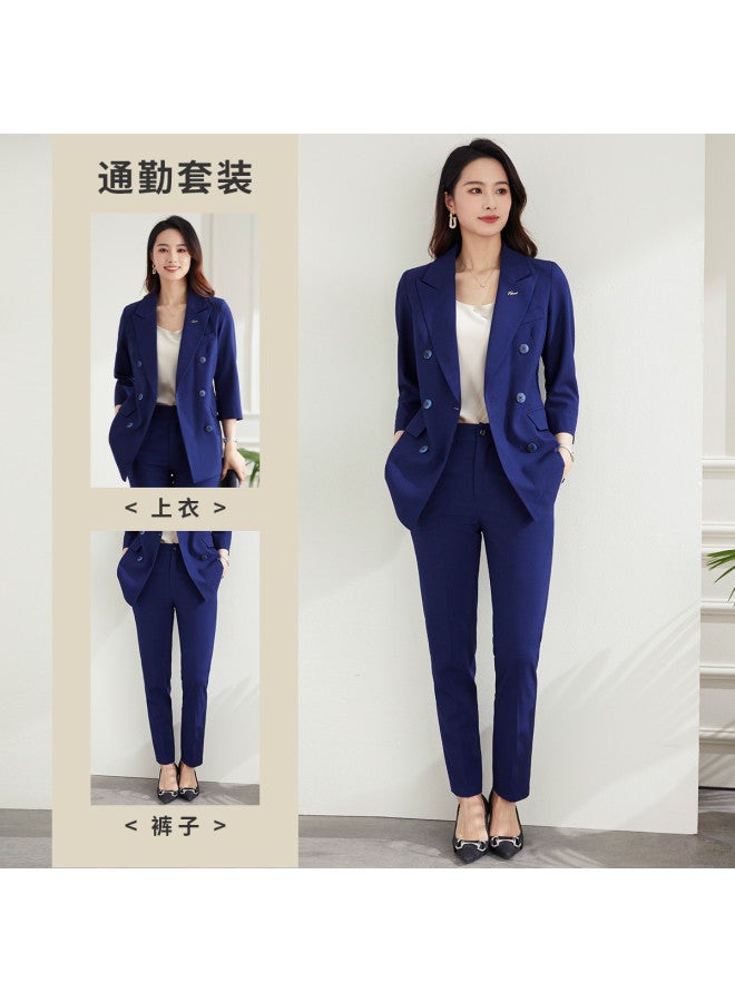 ROMON طقم نسائي مكون من قطعتين، مناسب للأعمال والتنقل، بدلة أنيقة وعصرية مزدوجة الصدر للنساء - Image 3