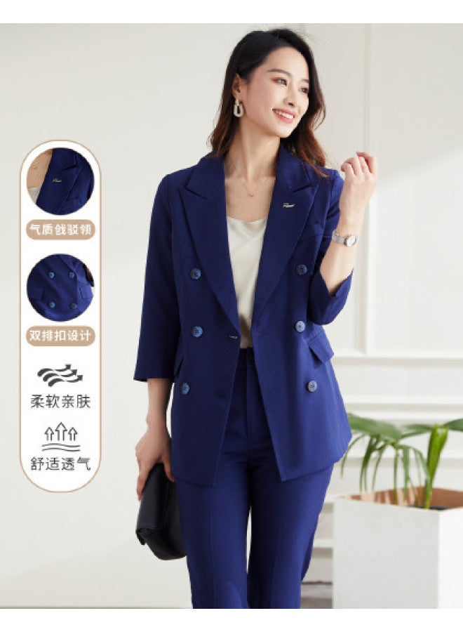 ROMON طقم نسائي مكون من قطعتين، مناسب للأعمال والتنقل، بدلة أنيقة وعصرية مزدوجة الصدر للنساء - Image 1