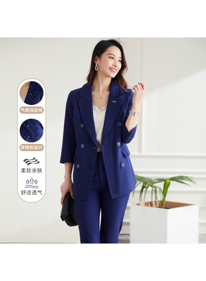 ROMON طقم نسائي مكون من قطعتين، مناسب للأعمال والتنقل، بدلة أنيقة وعصرية مزدوجة الصدر للنساء - Image 2