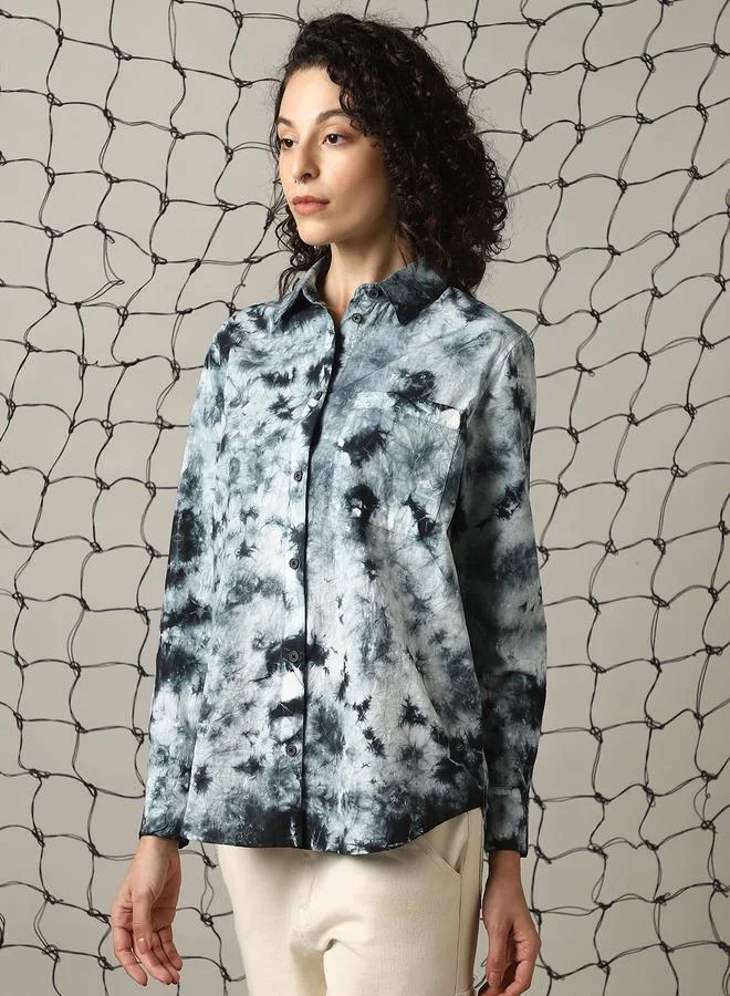 Hubberholme Women Relaxed Spread Collar Abstract Printed Cotton Oversized Casual Shirt