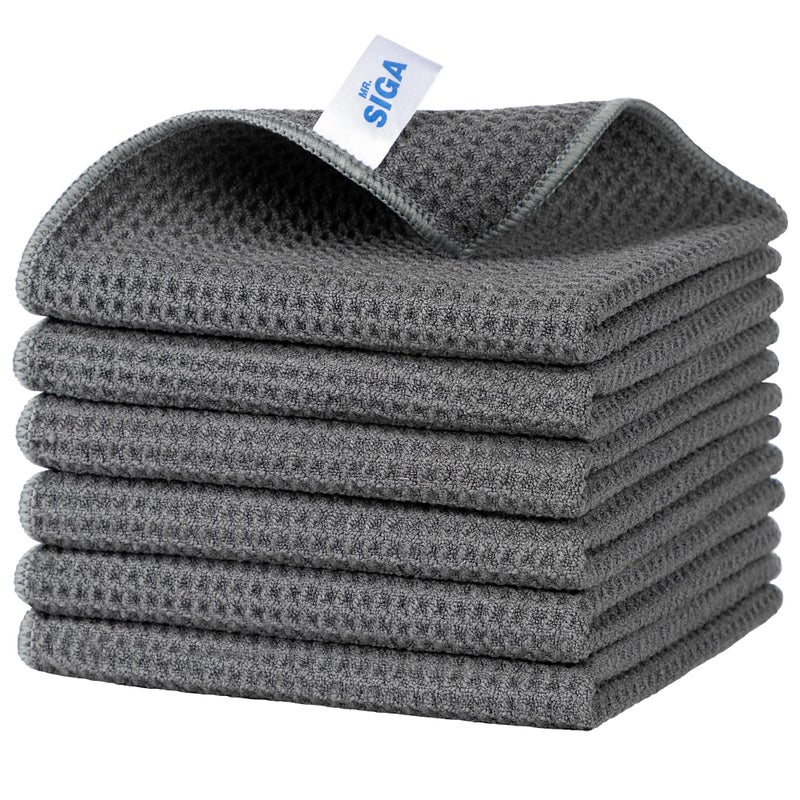 MRSIGA Waffle Pattern Cleaning Cloths Reusable Absorbent Microfiber Cleaning Cloths Lint Free Microfiber Kitchen Towels 6 Pack Gray 126 x 126 inch