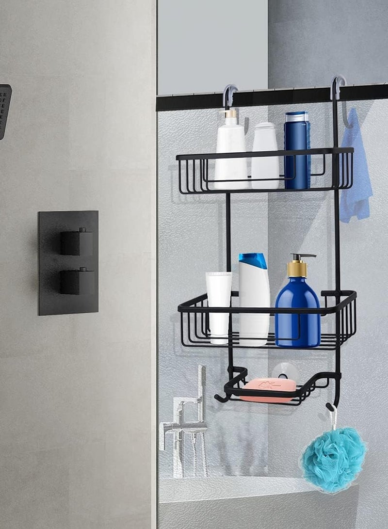 Raxoom Over the Door Shower Caddy, Aluminum Hanging Shower Rack, Rustproof Shampoo Holder with Hooks, 3-Tier Bathroom Shelf with soap Cups (Black) - Image 1