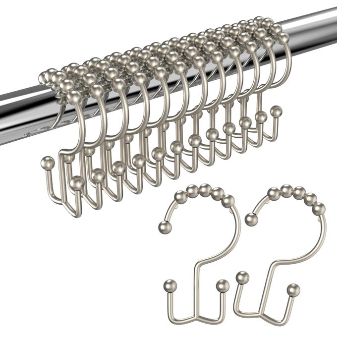 SHOWER CURTAIN HOOKS RINGS RUST PROOF STAINLESS STEEL SHOWER CURTAIN HOOKS DOUBLE SIDED FOR BATHROOM SHOWER RODS CURTAINS SET OF 12 MATTE NICKEL