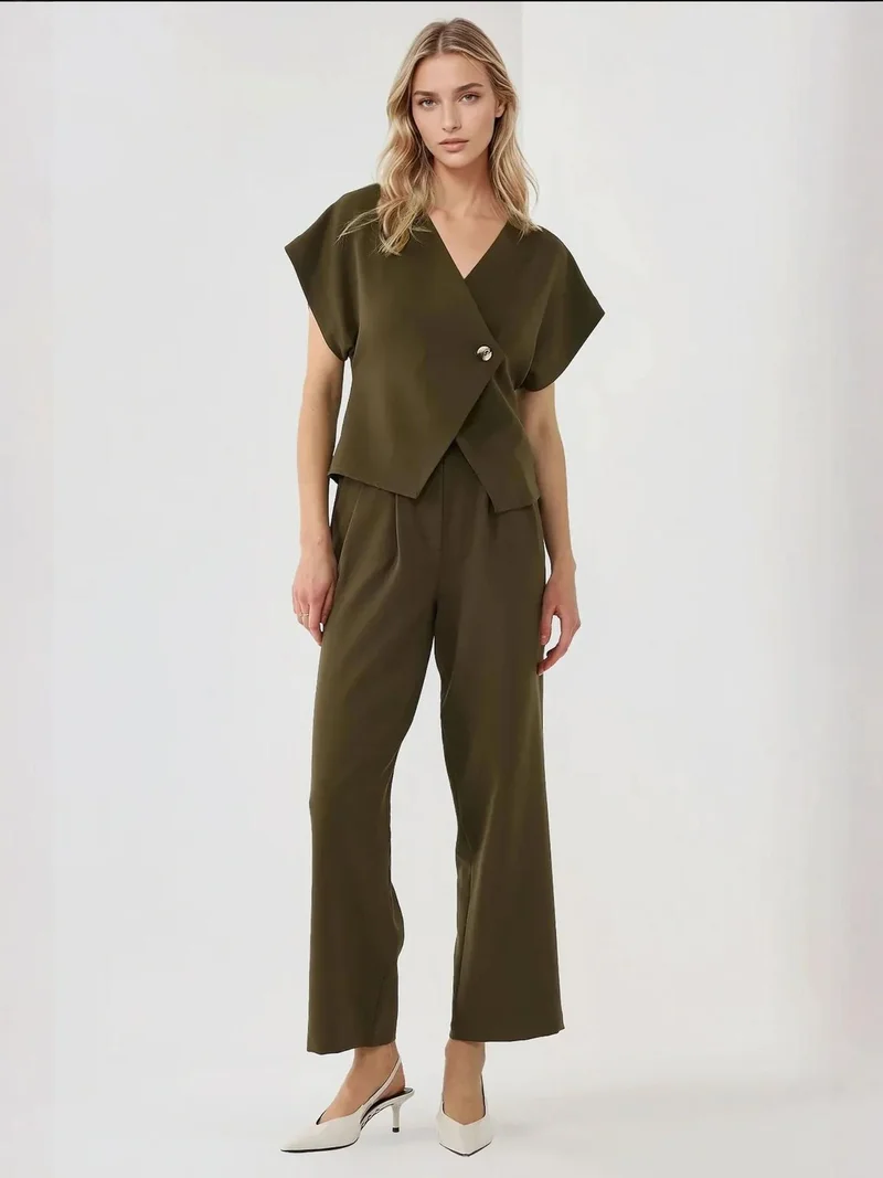 Hiccup Khaki Green Fitted V-Neck Waistcoat for Women | Best Price UAE