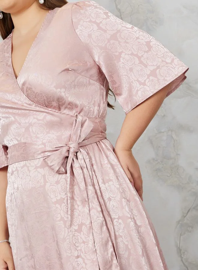 Styli Floral Jacquard Wrap Midi Dress