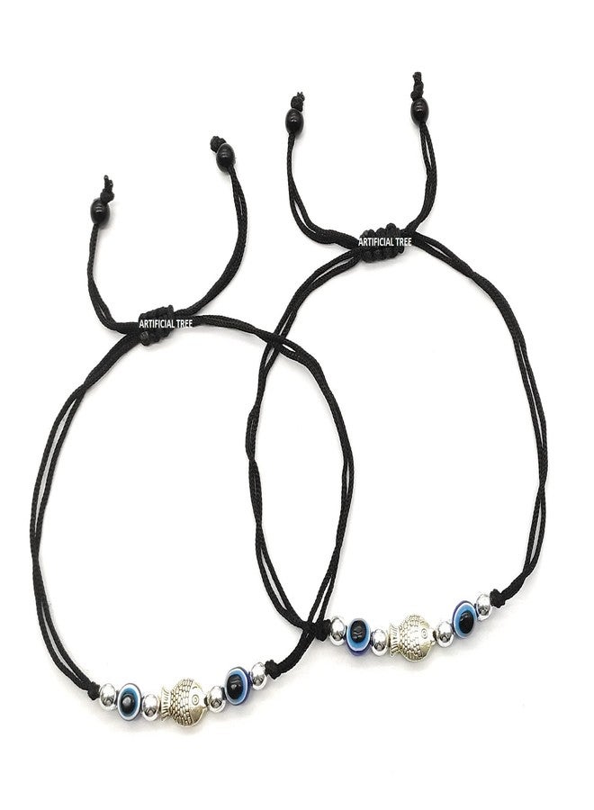 ARTIFICIAL TREE German Silver Evil Eye + Fish Ball Charms Black Thread Adjustable Anklet for Women and Girls (AT ANK 053) - Image 1