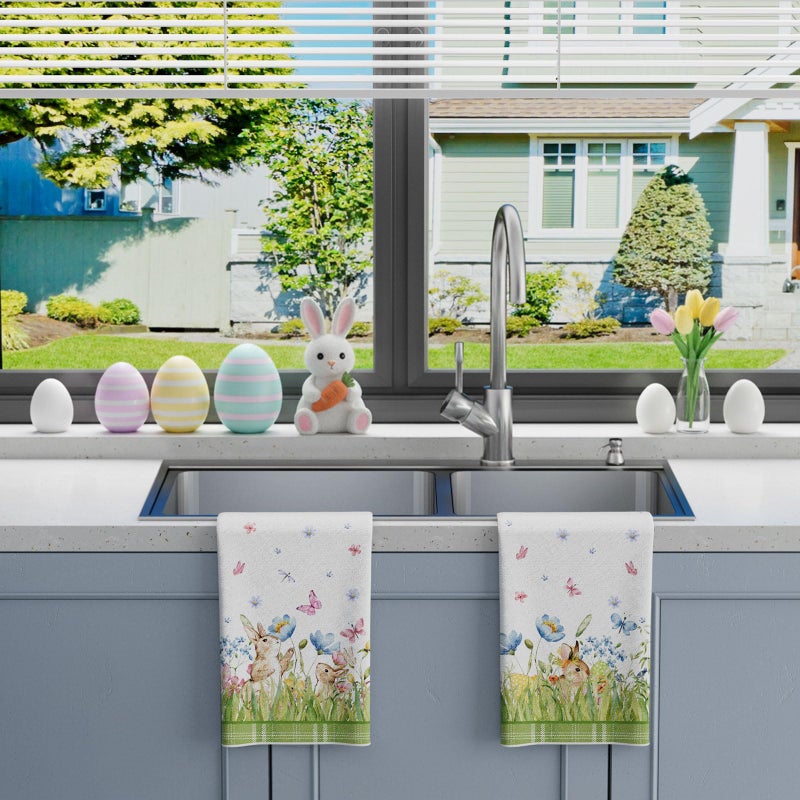 XCHI Watercolor Cute Bunny Eggs Grass Flowers Rabbits Easter Kitchen Towels Dish Towels 18x26 Inch Home Kitchen Decorations Hand Towels Set of 2 Drying Dishcloth - Image 5