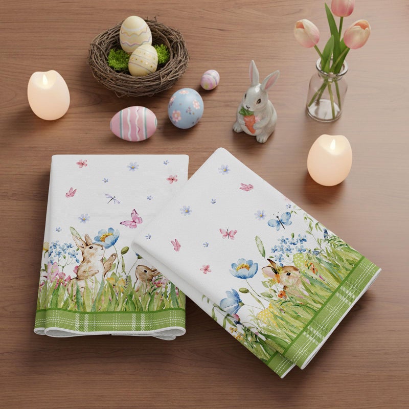 XCHI Watercolor Cute Bunny Eggs Grass Flowers Rabbits Easter Kitchen Towels Dish Towels 18x26 Inch Home Kitchen Decorations Hand Towels Set of 2 Drying Dishcloth - Image 3