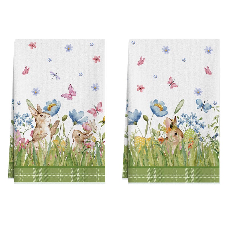 XCHI Watercolor Cute Bunny Eggs Grass Flowers Rabbits Easter Kitchen Towels Dish Towels 18x26 Inch Home Kitchen Decorations Hand Towels Set of 2 Drying Dishcloth - Image 1