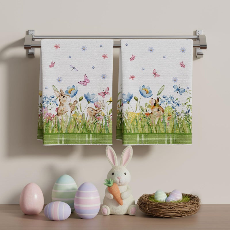 XCHI Watercolor Cute Bunny Eggs Grass Flowers Rabbits Easter Kitchen Towels Dish Towels 18x26 Inch Home Kitchen Decorations Hand Towels Set of 2 Drying Dishcloth - Image 2