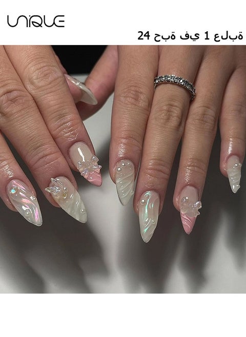 24Pcs Fake Nails, Press Nails, Long Almond Manicure - Shiny Pink Pearl Water Ripple Manicure - 3D Butterfly Manicure - Fake Nail Patch
