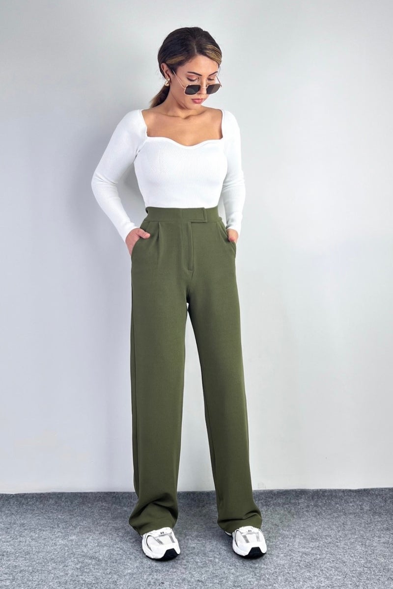 Ritnice Line Women's Lycra Velcro Khaki Palazzo Trousers  - Image 2