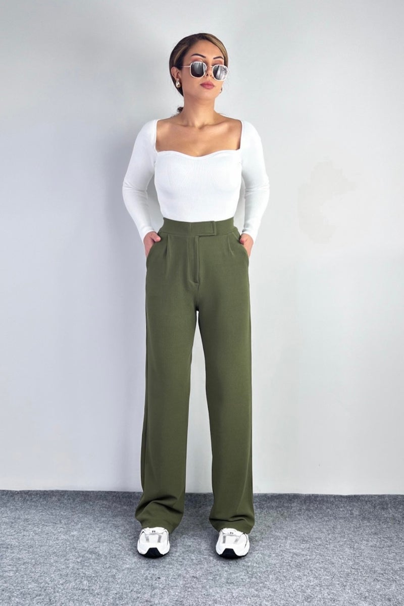 Ritnice Line Women's Lycra Velcro Khaki Palazzo Trousers  - Image 3
