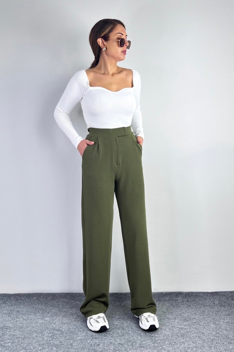 Ritnice Line Women's Lycra Velcro Khaki Palazzo Trousers  - Image 5