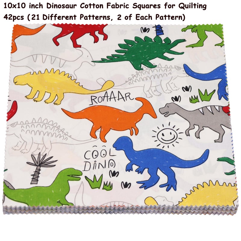 Hanjunzhao 42Pcs 10x10 Dinosaur Cotton Fabric Squares for Baby Boys, Dinosaurs Layer Cake Fabric for Quilting 10 inch, Layer Cakes 10 inch Squares for Quilting, Sewing, Blanket, and Room Decor - Image 3
