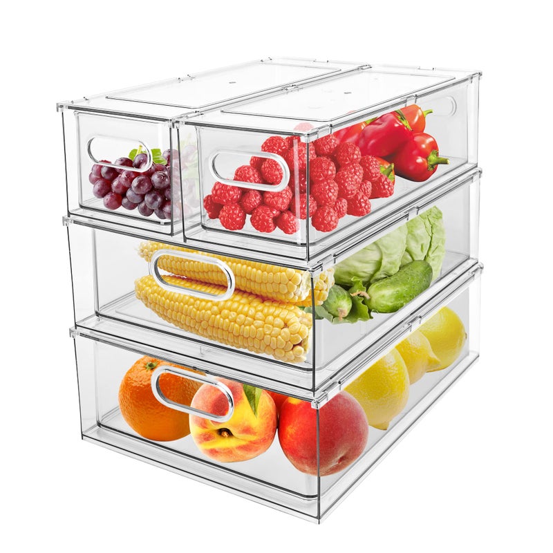 Greenby 4 Pack Refrigerator Organizer Bins with Pullout Drawer Stackable Clear Fridge Drawer Organizer Fruit Vegetable Storage Containers for Kitchen Pantry Organization 2 Large2 Small
