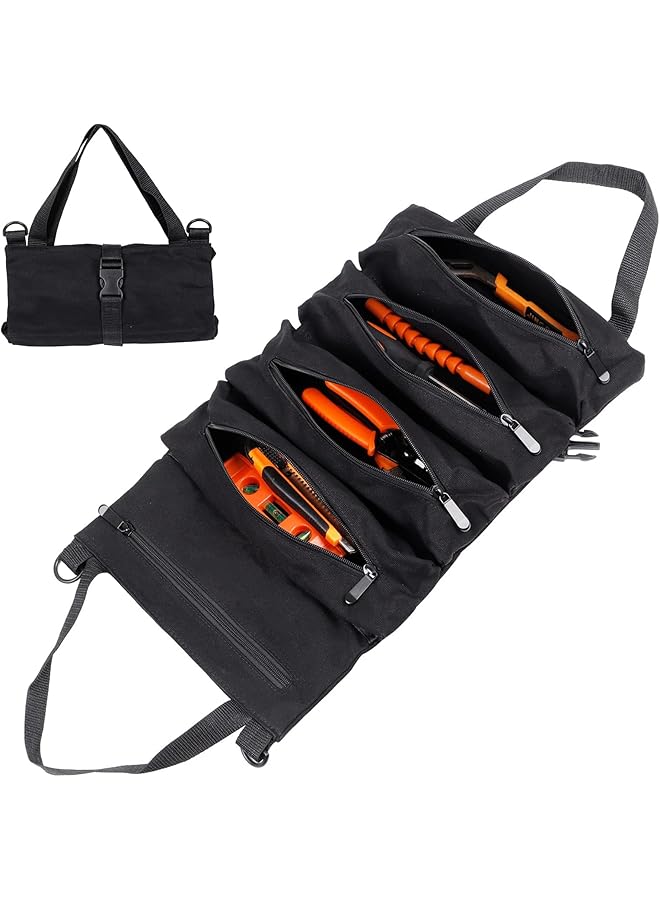 PROMASS Super Roll Tool Roll,Multi-Purpose Roll Up Tool Bag, Wrench Roll,Canvas Tool Organizer Bucket,Car First Aid Kit Wrap Roll Storage Case,Hanging Tool Zipper Carrier Tote,Car Camping Gear,Black  - Image 1