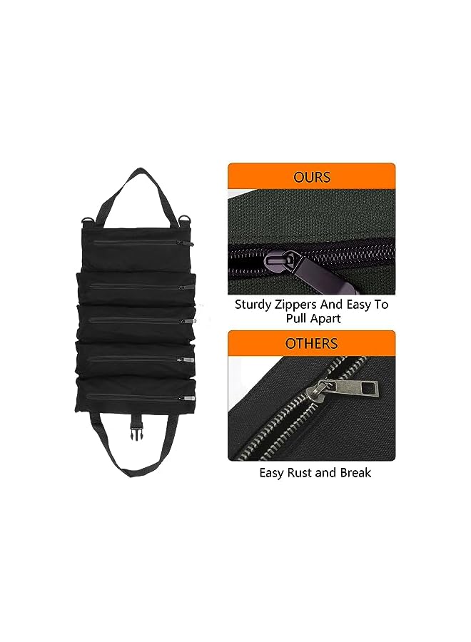 PROMASS Super Roll Tool Roll,Multi-Purpose Roll Up Tool Bag, Wrench Roll,Canvas Tool Organizer Bucket,Car First Aid Kit Wrap Roll Storage Case,Hanging Tool Zipper Carrier Tote,Car Camping Gear,Black  - Image 3
