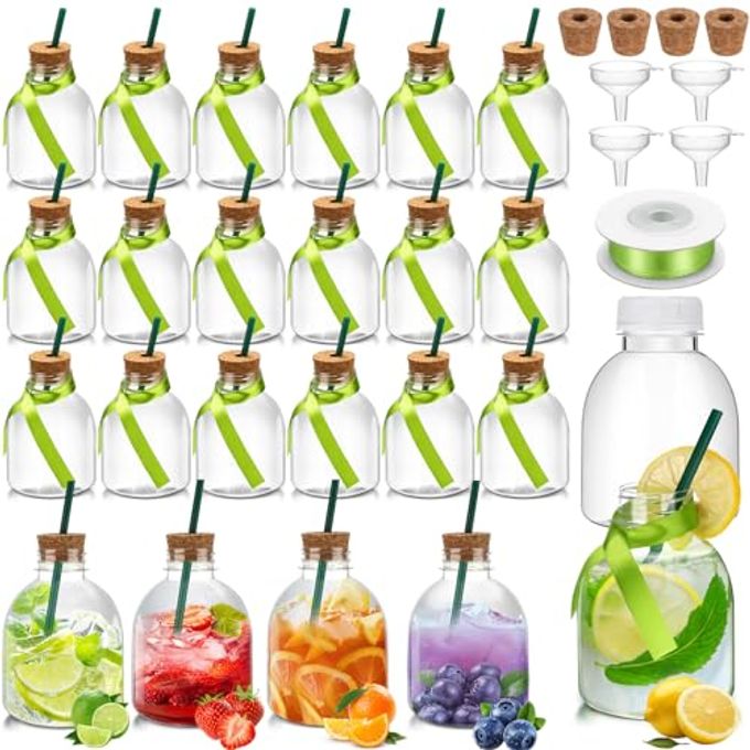 Vesici 24 Pcs Plastic Liquor Bottles with Cork and Straw Empty Juice Bottles for Drinks Reusable Mini Liquor Jar with Green Silk Ribbon for Wedding Party Personalized Decoration(10 oz)