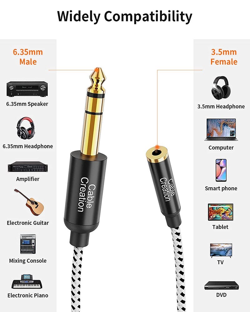 CableCreation 3.5 mm Jack to 6.35 mm Jack Cable 1FT, TRS 6.35 mm 1/4 Male to 3.5 mm 1/8 Female Stereo Jack Audio Adapter for Amplifier, Guitar, Piano, Laptop, Home Theater, Phone - Image 5