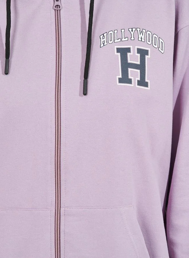 Styli Oversized Longline Slogan Print Zipper Hoodie