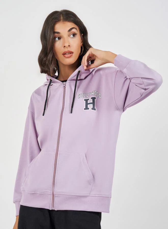 Styli Oversized Longline Slogan Print Zipper Hoodie