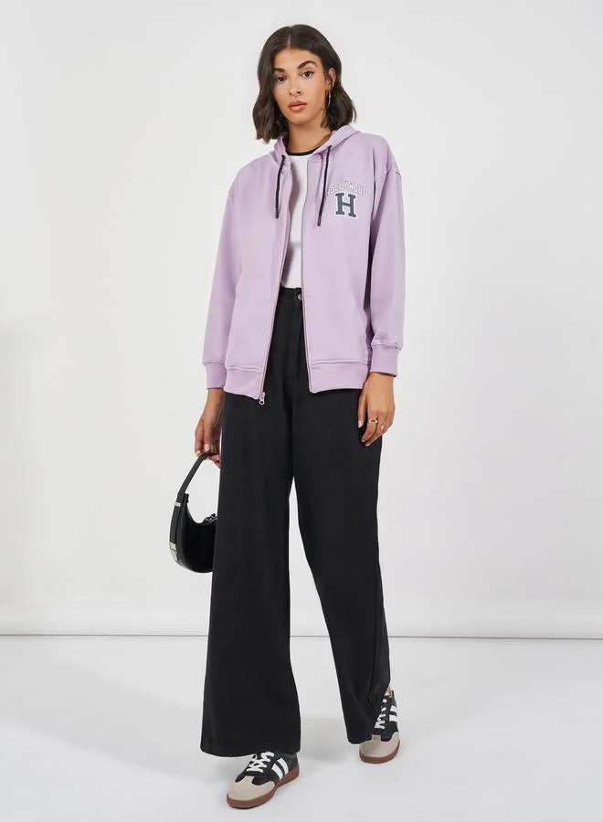 Styli Oversized Longline Slogan Print Zipper Hoodie