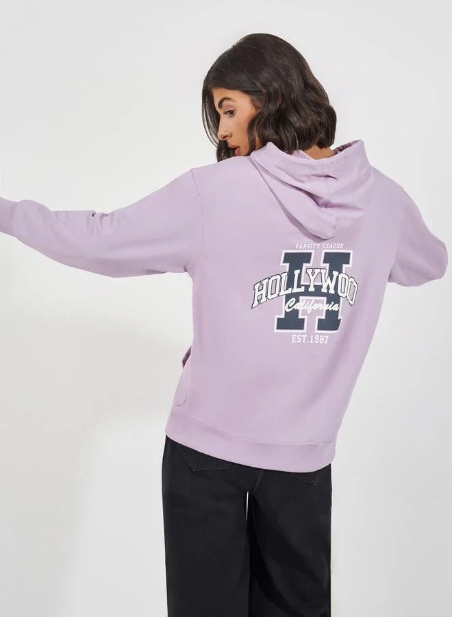 Styli Oversized Longline Slogan Print Zipper Hoodie