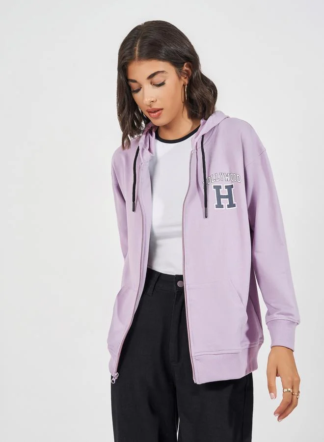 Styli Oversized Longline Slogan Print Zipper Hoodie