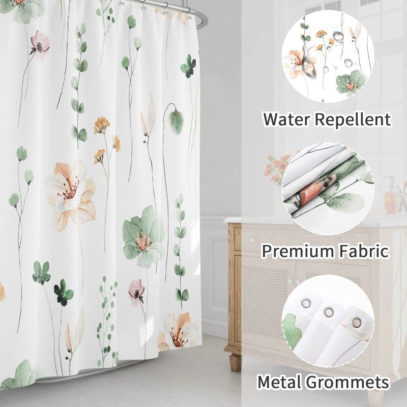 Gibelle Watercolor Floral Shower Curtain, Sage Green Beige Flower Shower Curtain for Bathroom, Modern Minimalist White Waterproof Fabric Shower Curtain Set 72x72 Inch - Image 3