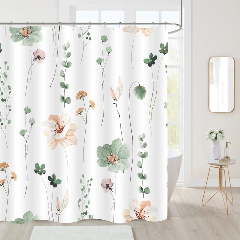 Gibelle Watercolor Floral Shower Curtain, Sage Green Beige Flower Shower Curtain for Bathroom, Modern Minimalist White Waterproof Fabric Shower Curtain Set 72x72 Inch - Image 2