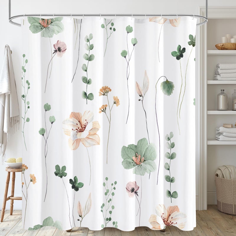 Gibelle Watercolor Floral Shower Curtain, Sage Green Beige Flower Shower Curtain for Bathroom, Modern Minimalist White Waterproof Fabric Shower Curtain Set 72x72 Inch - Image 1
