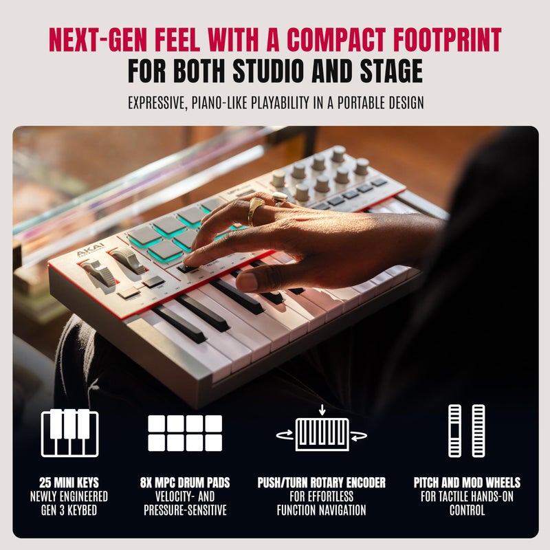 Akai Professional أكاي بروفيشينال MPK ميني IV وحدة تحكم لوحة مفاتيح MIDI USB-C للمبتدئين والمنتجين - وسادات درام MPC، مقبض 360 درجة، عجلات النغمة والتعديل، برنامج الإنتاج، حزمة صوت Native Instruments، رمادي - Image 3