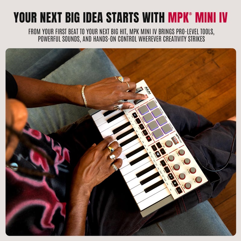 Akai Professional أكاي بروفيشينال MPK ميني IV وحدة تحكم لوحة مفاتيح MIDI USB-C للمبتدئين والمنتجين - وسادات درام MPC، مقبض 360 درجة، عجلات النغمة والتعديل، برنامج الإنتاج، حزمة صوت Native Instruments، رمادي - Image 2