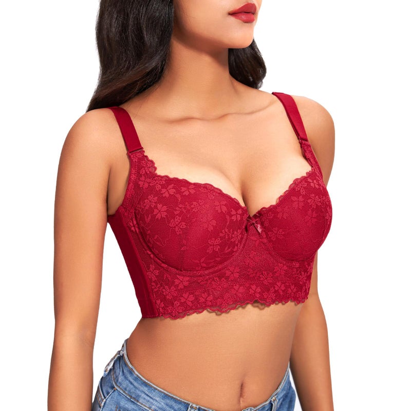 FallSweet Push Up Bras for Women Corset Top Bustier Padded Underwire Bra Add One Cup,Red-lace,34D - Image 2
