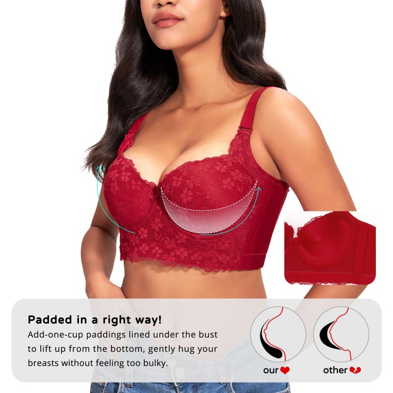 FallSweet Push Up Bras for Women Corset Top Bustier Padded Underwire Bra Add One Cup,Red-lace,34D - Image 4