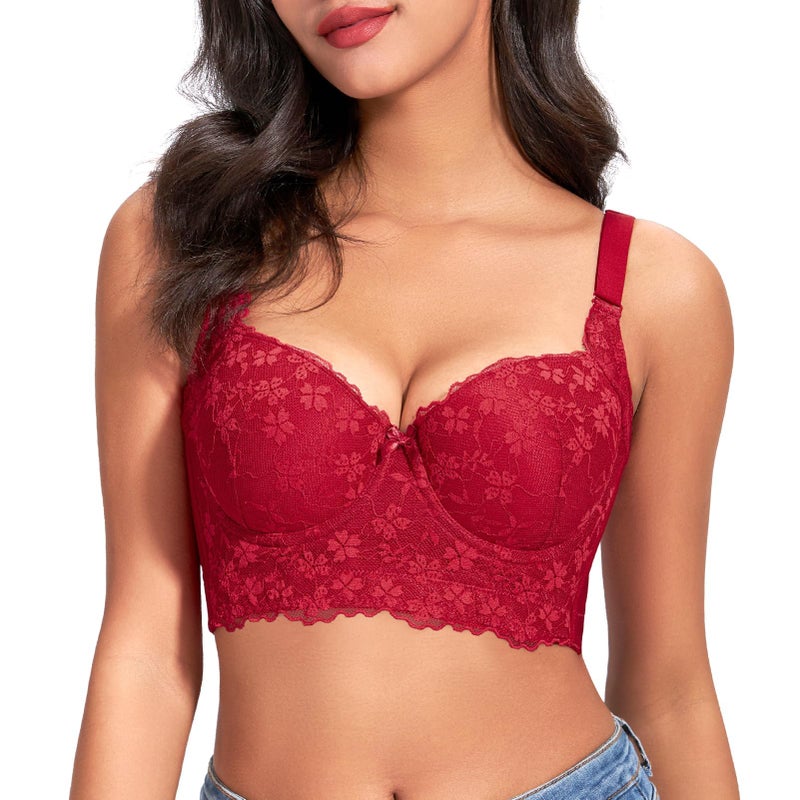 FallSweet Push Up Bras for Women Corset Top Bustier Padded Underwire Bra Add One Cup,Red-lace,34D - Image 1