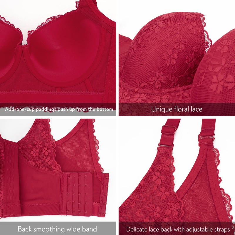 FallSweet Push Up Bras for Women Corset Top Bustier Padded Underwire Bra Add One Cup,Red-lace,34D - Image 5