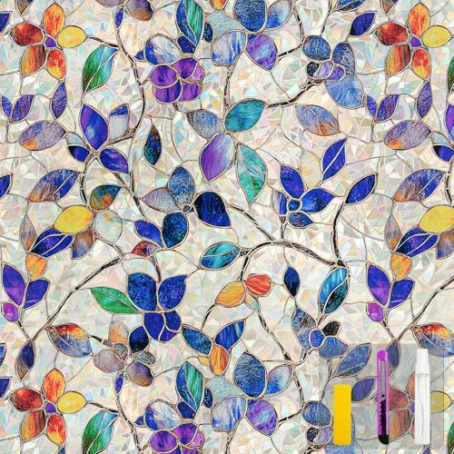 COUNTEWOL Window Privacy Film with Installation Tools Home Decorative Colored Glass Window Stickers Reusable electrostatic Rainbow Stickers Stained Leaf 236 x 787 in - Image 1
