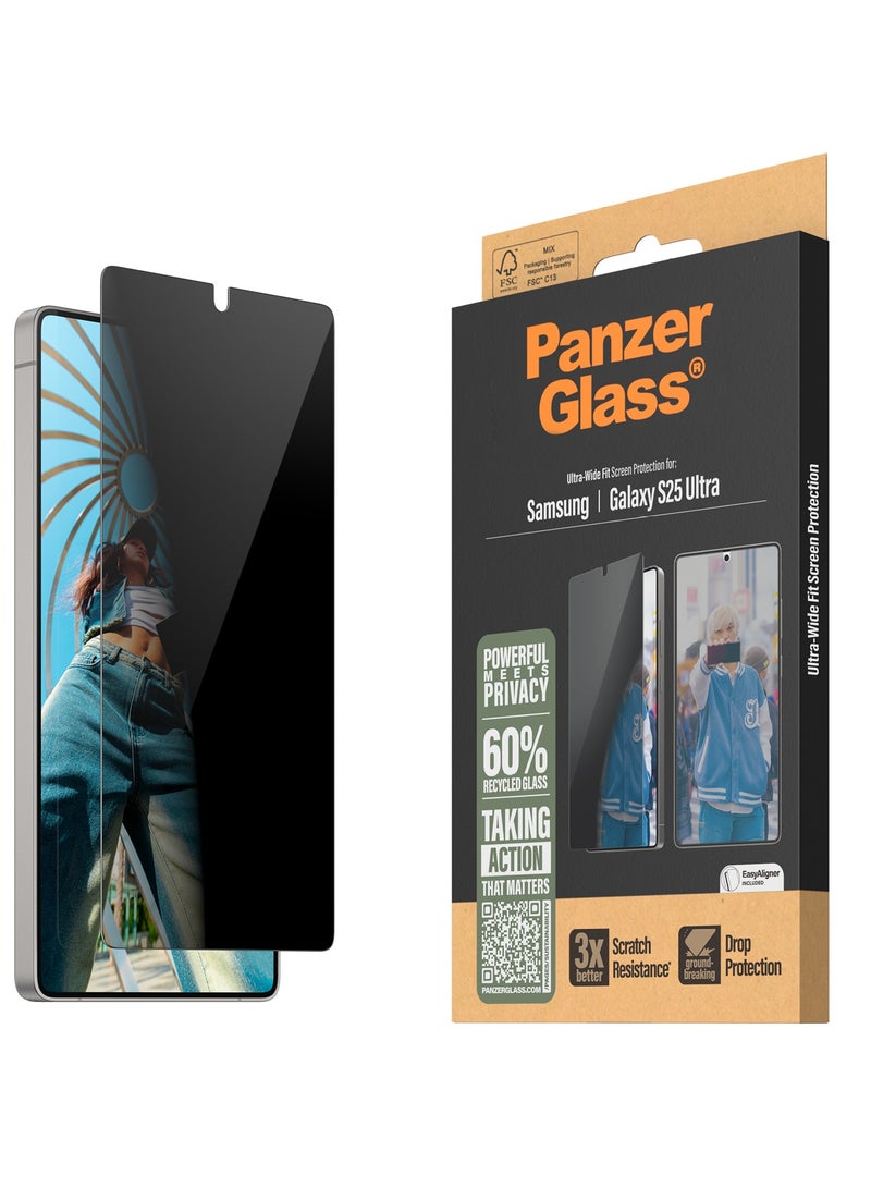 PanzerGlass حماية شاشة بانزر جلاس للخصوصية لجهاز سامسونج جالاكسي S25 ألترا زجاج مقسى، متوافق مع بصمة الإصبع، زجاج معاد تدويره بنسبة 60%، مناسب للحافظة، مقاوم للخدوش، بدون غبار، بدون فقاعات - Image 1